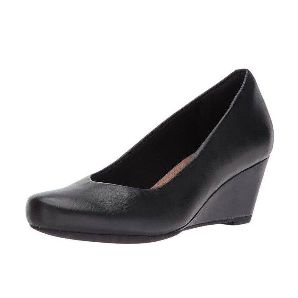 Clarks Womens 8 M Black Leather Flores Tulip Wedge Pumps NIB MX0